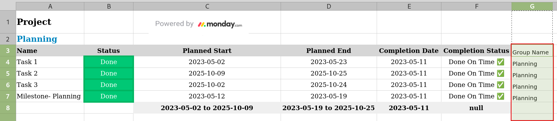 Example of pasted formula to the Excel column